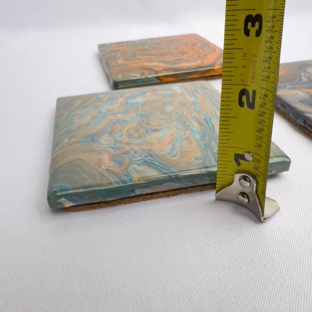 Abstract Ceramic Coasters Set of 3 Marbled Design Cork Backing Handcrafted